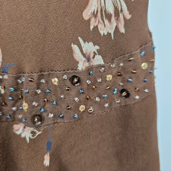 Fairy Cottage Core Dress Frilled Layer Midi Silk Brown Floral 12 Nicole Miller - Picture 10 of 16